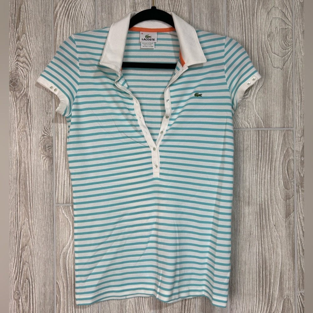 Lacoste Slim Fit Turquoise White Stripped Tennis Golf Polo Size 38 Small